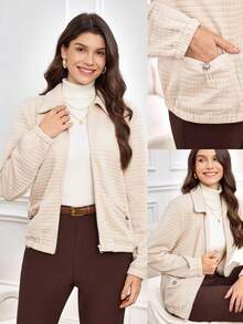 Miaspire 女士休闲提花梭织面料夹克，配有抽绳口袋，适合秋冬季日常穿着 - 杏色 - 查看 1