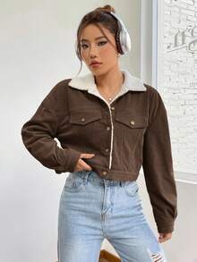 SHEIN EZwear 女式卡其色羊毛卡车司机前口袋厚翻盖细节保暖衬里落肩泰迪熊衬里冬季柔软灯芯绒短款夹克 - 咖啡棕 - 查看 3