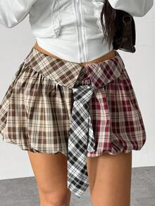 Jeanoix Falda de peplum a cuadros rojos y marrones de moda casual para mujer con decoración de corbata, adecuada para uso diario y citas - Burdeos - Ver 5