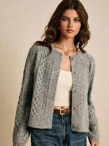Poéselle Women's Grey Cable Knit Button Up Cardigan Sweater,Cozy Chunky Vintage Y2K Style Long Sleeve Top,Solid Color Casual Autumn Work Wear Front Closure - Grey - View 5