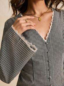 Poéselle 女士格子纽扣门襟系带后腰长袖格子休闲百搭V领收腰女式衬衫，长袖方格纹上衣，格子系带衬衫，商务休闲女式上衣，秋冬季 - 黑與白 - 查看 3