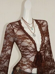 SHEIN ICON Y2k Women's Western Country Concert Boho Hippie Goth Sheer Brown Sexy Lace Twist Front Long Sleeve Cardigan - Brown - View 4