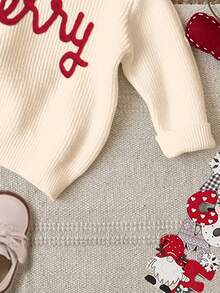 SHEIN Cremeweiß, süßer Weihnachtsschriftzug "Fröhlich" Stickerei, Weihnachtsstimmung, gemütliche Jahreszeit, Baby Mädchen lässig weite Passform Rundhals Langarm Pullover, geeignet für Herbst/Winter - Weiss - Übersicht 5