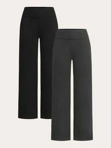 SHEIN EZwear 2 件套黑色和深灰色女士休闲高腰折叠阔腿直筒裤，适合夏季 - 彩色 - 查看 9