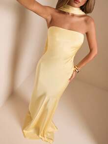 SHEIN BAE Elegant Strapless Backless Dress With Sash, Sexy Solid Color Cream Yellow Formal Gown For Party, Cocktail, Wedding, Birthday, Bridesmaid,Dresses For Women Elegant,New Year Dress ,Elegant Party Dresses,Dresses For Women Elegant - Light Yellow - View 3