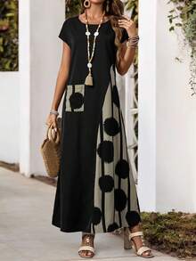 EMERY ROSE 加大码撞色印花拼布长假休闲连衣裙，女士春季服装，热带度假女装