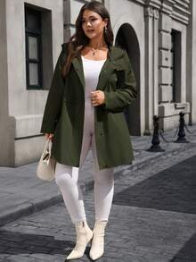 EMERY ROSE 秋冬大码女式纯色长袖口袋抽绳连帽风衣 - 軍綠色 - 查看 4