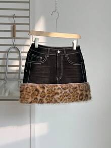 Elamini Damen Patchwork Leopard Kunstfell Jeans Mini Rock mit Taschen