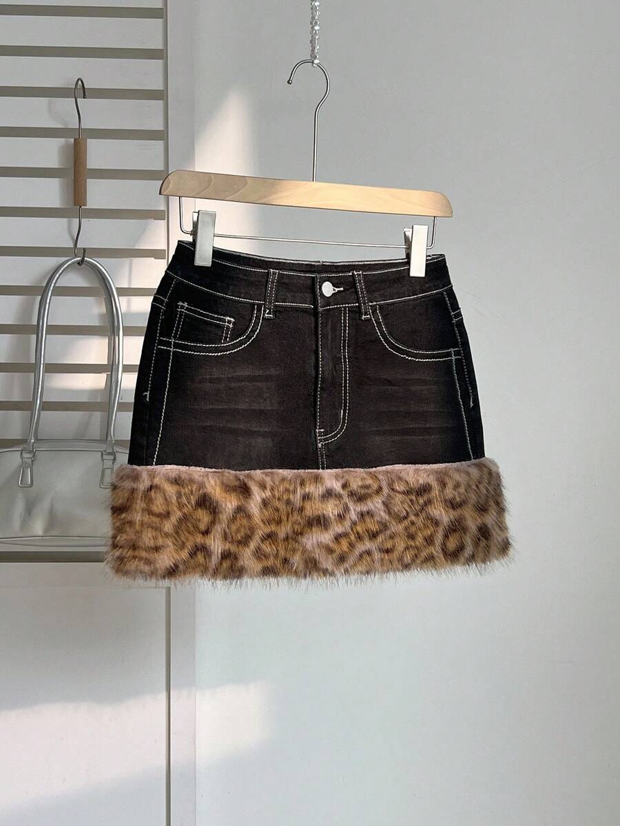 Elamini Damen Patchwork Leopard Kunstfell Jeans Mini Rock mit Taschen