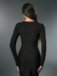 Nuvra Women's Black Zipper Jacket Outerwear, Shapewear Waist Cincher, Sports Crop Top, Elegant Casual Wear For Autumn/Winter