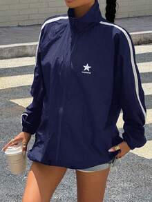 SHEIN Áo khoác thông thường màu đen cho bé gái mới trở lại trường màu khối tương phản màu sắc thường ngày - Màu xanh hải quân - Xem 5