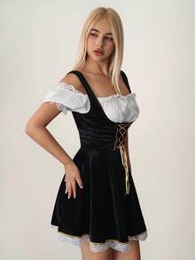 Sweetina 1 Set Shoulder Top And Spaghetti Strap Dress Suit, Suitable For Beer Festival Party, Includes Dress And Lining Shirt