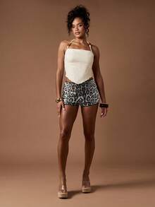 MISSGUIDED 亮片豹纹高腰热裤俱乐部派对节日短裤夏季俱乐部服装表演 - 深灰色 - 查看 3