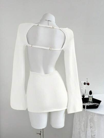 Elamini Vestido de suéter de manga larga con espalda abierta y unicolor para mujer