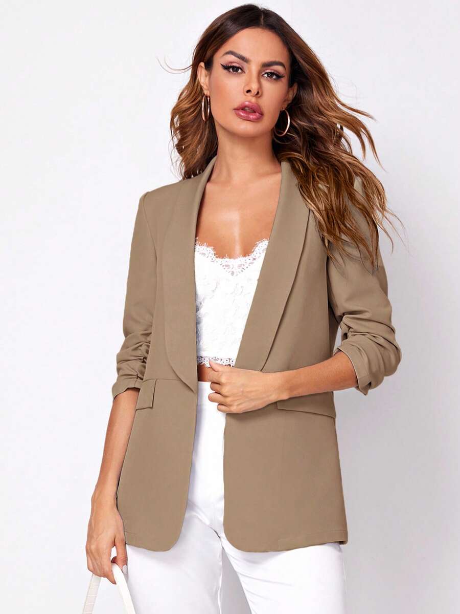 SHEIN Clasi Women's Solid Color Shawl Neck Casual Raglan Sleeve Woven Blazer Autumn Winter Clothes For Women - Camel - View 1