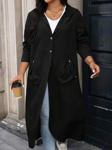 SHEIN PETITE CURVE Plus 双口袋落肩连帽大衣 - 黑色 - 查看 6