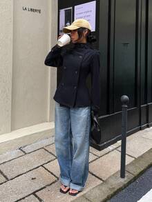 SHEIN EZwear 女式纯色纽扣装饰长袖风衣，秋季 - 藏蓝色 - 查看 3