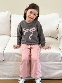 Genkimix Kids 2 pièces Ensemble Top décontracté avec décor de nœud brodé + pantalon droit de couleur unie pour filles Genkimix - Gris foncé - Voir 6