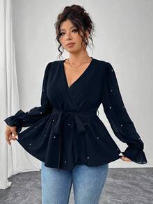 Elenzga Áo cánh cổ chữ V thanh lịch, gợi cảm, bán chạy nhất dành cho nữ cỡ lớn, thích hợp để đi làm và dự tiệc, thiết kế nơ thắt eo, trang trí ngọc trai giả - Màu xanh hải quân - Xem 5