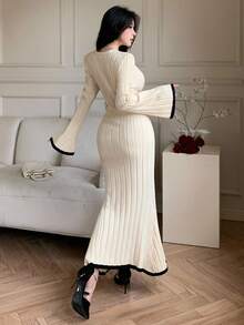 DAZY 女式优雅撞色鱼尾毛衣裙，秋季 - 米色 - 查看 2