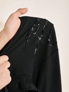 Zivah 2025 年秋季新款音乐节、复活节、圣帕特里克节、西部风、游牧风、生日派对、毕业季、学院风、学生装、日常休闲、基本百搭、休闲、度假、邮轮旅行、海滩、日光浴、病毒式传播、街头服饰、婚礼宾客波西米亚风、通勤、早午餐、机场、派对和节日服装优雅无袖超长紧身连衣裙，黑色闪亮亮片刺绣面料 - 黑色 - 查看 9