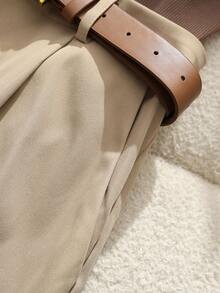 Franclia Fashionable & Versatile Coffee Brown Sleeveless Mock Neck Knit Elastic Fitted Tank Top With Pocket & Belt Decor, Paired With Brown Vertical Striped Wide Leg Pants, 2 Pieces Business Casual Women Outfit, Spring/Summer