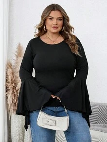 SHEIN CURVE+ Plus-Size Women's Black Long-Sleeved Flared-Sleeve Fitted Top, Dark Style/Fall/Winter - Black - View 4