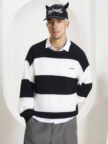 Manfinity Roghcode Suéter casual de hombre de manga larga con caída de hombros, con estampado de letras y rayas, para otoño - Blanco y Negro - Ver 4