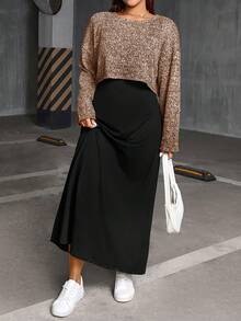 SHEIN Essnce 大码女装春秋季时尚休闲宽松舒适基础款日常灰色长袖露脐上衣和黑色马甲长裙两件套，春季服装，连衣裙套装，曲线套装 - 鏽棕色 - 查看 5
