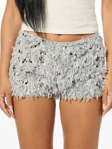 SUMWON WOMEN Shaggy Sequin Low Rise Mini Booty Shorts Festival Party Club Hotpants Short Bottoms Night Out Clubwear Glam Glitter Party Apparel