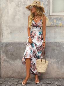 Brillora 熱帶印花凸花蕾絲嵌入組吊帶洋裝