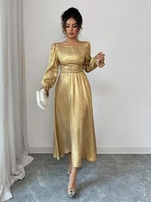 Elenzga 女士编织优雅长款秋季金色连衣裙 - 金色 - 查看 6