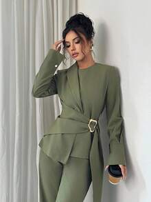 Elenzga Bộ 2 món áo và quần dài tay dài thời trang đơn giản, nhiều màu sắc, thoải mái dành cho nữ - xanh quân đội - Xem 5