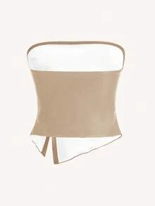 Siren Gaze 女士皮革上衣时尚褶皱不对称下摆抹胸，适合外出和派对圣诞上衣荷叶边 PU 皮革侧开衩下摆抹胸短款上衣 - 杏色 - 查看 3