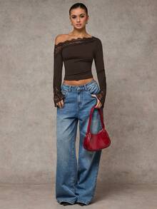 SHEIN BAE Áo thun nữ cổ bẻ tay loe màu đen trơn phối ren vá họa tiết bất đối xứng, dáng ôm vừa vặn, thanh lịch, thích hợp cho các buổi hẹn hò, tiệc tùng ngày lễ, đi chơi thời trang, hoạt động buổi tối, trang phục đi hộp đêm - Cà phê nâu - Xem 6