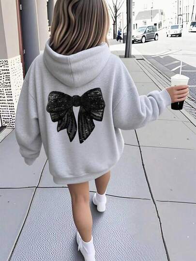 SHEIN Playful Pals Young Girl Casual Comfortable Fashion Minimalist Cute Faux Sequins Butterfly Print Long Sleeve Hooded Sweatshirt, Girl Pullover Sweatshirt Outerwear For Fall Winter
