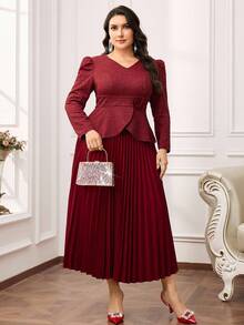 Modelyn Plus Size Women 3D Floral Decor V-Neck Puff Sleeve Top And Pleated Midi Skirt Elegant 2 Pieces Set