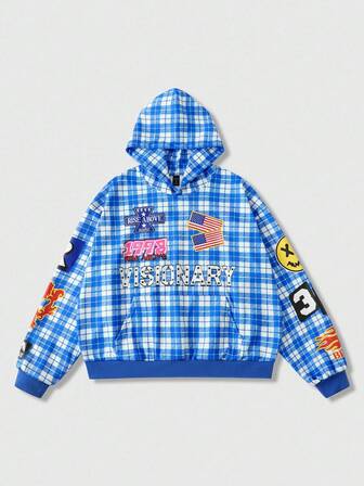 Street Life Sudadera con capucha de estilo holgado y corto con estampado a cuadros para hombre, otoño