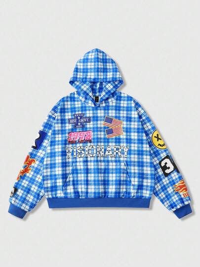 Street Life Men's Plaid Print Hooded Prep Sweatshirt, Loose Cropped Style, Fall