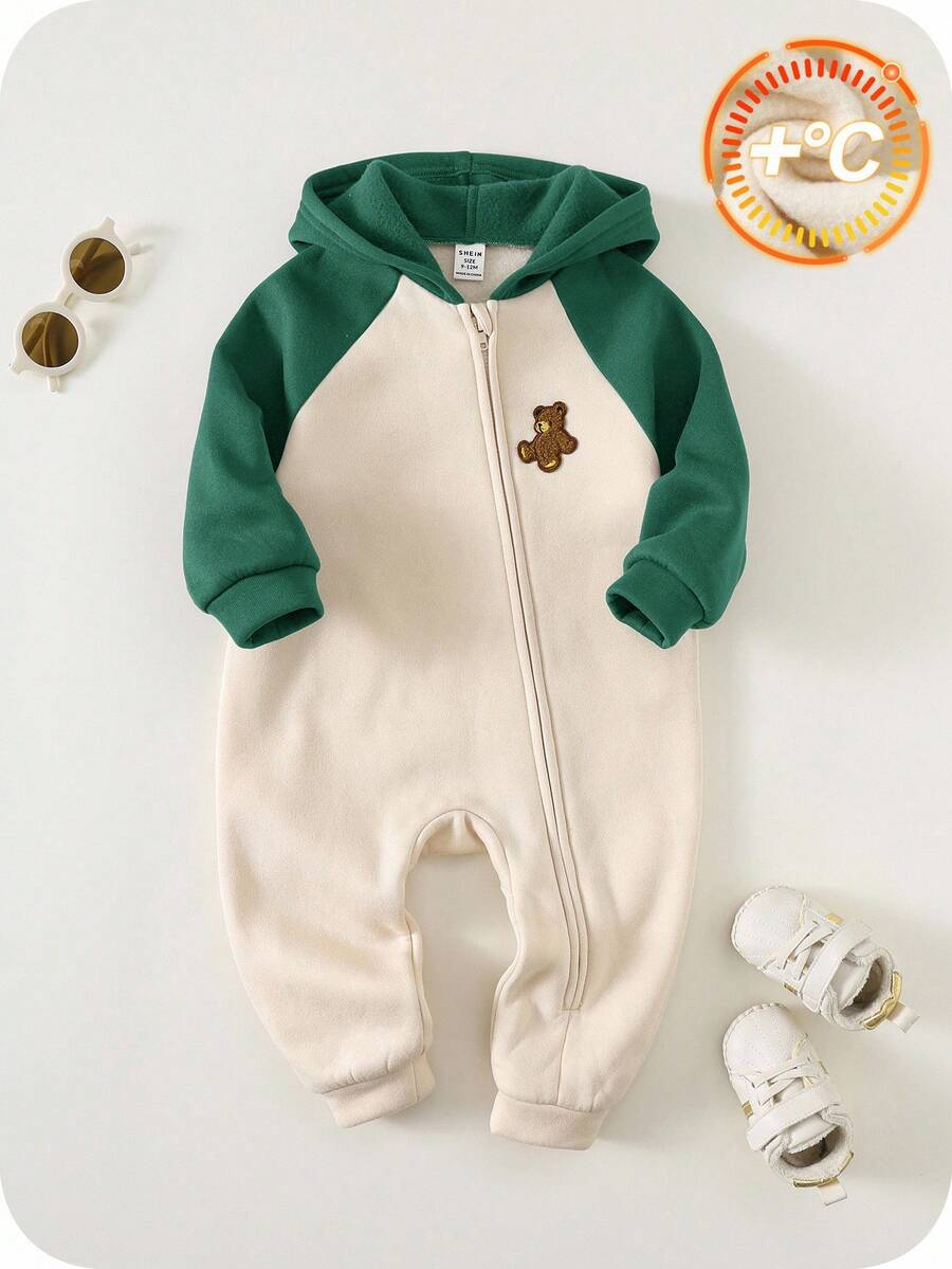 SHEIN Newborn Baby Unisex Cute Patchwork Knitted Bear Pattern Thickened Hooded Jumpsuit, Autumn/Winter Fall - Dark Green - View 1