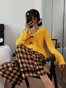 SHEIN Women's Casual Contrast Color Lace Trim Plaid Pajama Set, Fall Clothes