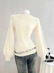 Elamini 女士休闲V领宽松纯色长袖毛衣 - 米色 - 查看 2