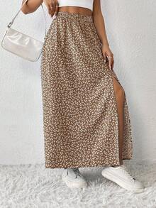 SHEIN PETITE CURVE Váy hè thường ngày cạp chun họa tiết hoa cỡ lớn - Màu Khaki - Xem 3