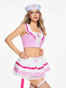 ROMWE Avant 女式性感护士角色扮演服装，海军风短款上衣，带丝带拼接条纹 2 件套，角色扮演服装 - 白色 - 查看 4