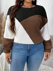 SHEIN LUNE Plush Warm Color Block Crew Neck Plus Size Sweatshirt Fall Sweater Winter Tops For Women Pullover For Women Brown Sweater Women Sweater - Coffee Brown - View 6