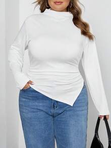 SHEIN CURVE+ Áo thun tay dài màu đen trắng cổ bẻ viền bất đối xứng 2 chiếc/bộ - Đen và trắng - Xem 3