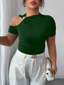 SHEIN Plus Size Women Elegant Metal Decor Off Shoulder T-Shirt, Summer - Green - View 4