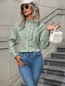 EMERY ROSE Women's Ruffle Collar Long Sleeve Striped Single-Breasted Casual Shirt - Dark Green - View 3