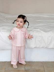 DAZY 2 件套幼儿女童格子舒适衬衫和宽松裤子睡衣套装 - 粉色 - 查看 3