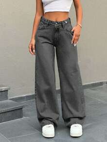 EURMUSE Low Waist Button Detailed Snow Wash Straight Cut Jean - Light Grey - View 6